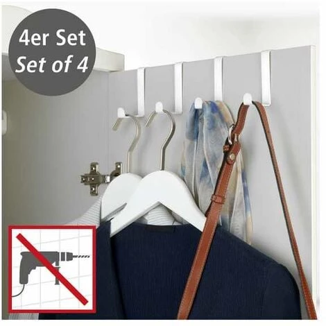 WENKO Crochet De Porte, Patère De Porte à Suspendre, Pour La Cuisine Et Salle De Bain, Fixation Sans Perçage, Lot De 4, Acier, 7,6x1,2x6 Cm, Blanc Mat 4 WENKO Crochet De Porte, Patère De Porte à Suspendre, Pour La Cuisine Et Salle De Bain, Fixation Sans Perçage, Lot De 4, Acier, 7,6x1,2x6 Cm, Blanc Mat – Image 2