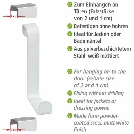 WENKO Crochet De Porte, Patère De Porte à Suspendre, Pour La Cuisine Et Salle De Bain, Fixation Sans Perçage, Lot De 4, Acier, 7,6x1,2x6 Cm, Blanc Mat 5 WENKO Crochet De Porte, Patère De Porte à Suspendre, Pour La Cuisine Et Salle De Bain, Fixation Sans Perçage, Lot De 4, Acier, 7,6x1,2x6 Cm, Blanc Mat – Image 3