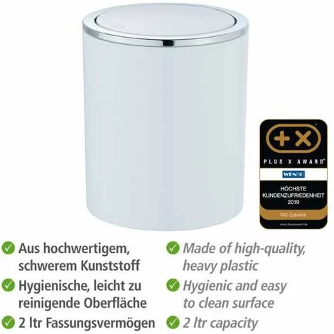 WENKO Mini Poubelle Salle De Bain Inca, Poubelle à Couvercle Basculant, Capacité 2L, Plastique Haut De Gamme, Ø 14 X 16,8 Cm, Blanc 5 WENKO Mini Poubelle Salle De Bain Inca, Poubelle à Couvercle Basculant, Capacité 2L, Plastique Haut De Gamme, Ø 14 X 16,8 Cm, Blanc – Image 3