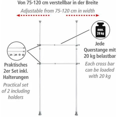 WENKO Barre Porte Vêtements Herkules, Pièce Détachée Pour Système De Rangement Télescopique Herkules, Lot De 2, Métal, Ø 3 X 75 - 120 Cm, Blanc 5 WENKO Barre Porte Vêtements Herkules, Pièce Détachée Pour Système De Rangement Télescopique Herkules, Lot De 2, Métal, Ø 3 X 75 - 120 Cm, Blanc – Image 3