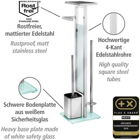 WENKO Serviteur WC 4en1 Debar, Brosse WC Et Dérouleur Papier Toilette Avec Tablette De Rangement, Acier Inox - Verre Trempé, 21x70,5x18 Cm, Mat, Blanc 4 WENKO Serviteur WC 4en1 Debar, Brosse WC Et Dérouleur Papier Toilette Avec Tablette De Rangement, Acier Inox - Verre Trempé, 21x70,5x18 Cm, Mat, Blanc – Image 2