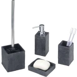 WENKO Set D'accessoires De Salle De Bain, Distributeur Savon Liquide, Gobelet Brosse à Dent, Porte Savon, Brosse WC, Slate Rock, Effet Ardoise