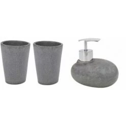 WENKO Set Accessoires Salle De Bain, Distributeur Savon Liquide, Lot De 2 Gobelets Brosse à Dent, Pebble Stone Gris
