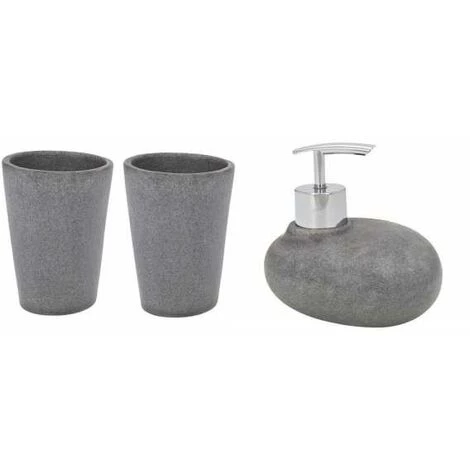 WENKO Set Accessoires Salle De Bain, Distributeur Savon Liquide, Lot De 2 Gobelets Brosse à Dent, Pebble Stone Gris 3 WENKO Set Accessoires Salle De Bain, Distributeur Savon Liquide, Lot De 2 Gobelets Brosse à Dent, Pebble Stone Gris