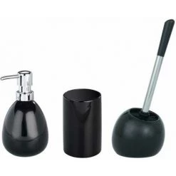 WENKO Set Accessoires Salle De Bain, Distributeur Savon Liquide, Porte Brosse à Dent, Brosse WC, Céramique, Polaris Noir