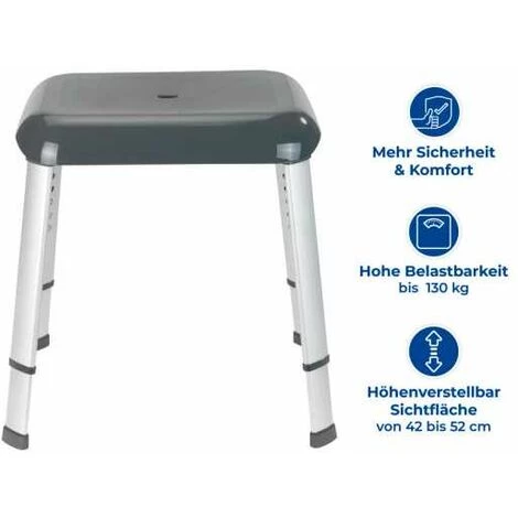 WENKO Tabouret De Douche Secura Premium, Hauteur Réglable, Capacité 130 Kg, Aluminium - Plastique, 50,5x42-52x39,5 Cm, Gris 5 WENKO Tabouret De Douche Secura Premium, Hauteur Réglable, Capacité 130 Kg, Aluminium - Plastique, 50,5x42-52x39,5 Cm, Gris – Image 3