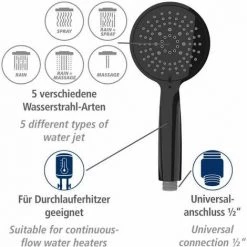 WENKO Pommeau De Douche Young Line, Pommeau De Douche 5 Jets, Nettoyage Facile Du Calcaire, Pommeau De Douche Universel Avec Embout Standard 1/2", Plastique De Haute Qualité, ø11 Cm, Noir -WENKO Soldes 18939209 3