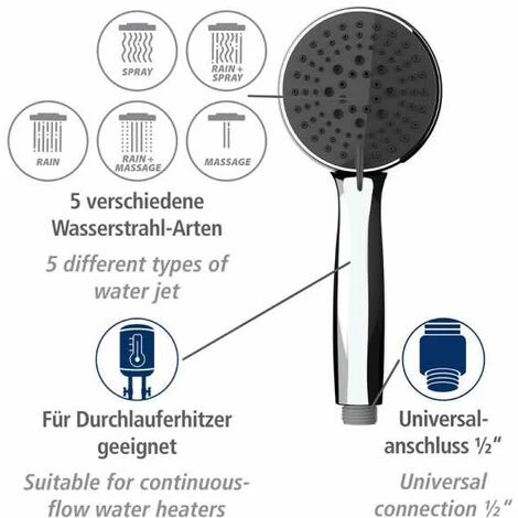 WENKO Pommeau De Douche Basic, Pommeau De Douche 5 Jets, Pommeau De Douche Universel Avec Embout Standard 1/2", Nettoyage Facile Du Calcaire, Plastique Chromé De Haute Qualité, ø10 Cm, Gris 5 WENKO Pommeau De Douche Basic, Pommeau De Douche 5 Jets, Pommeau De Douche Universel Avec Embout Standard 1/2", Nettoyage Facile Du Calcaire, Plastique Chromé De Haute Qualité, ø10 Cm, Gris – Image 3