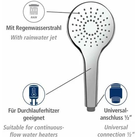 WENKO Pommeau De Douche Basic Jet D'eau De Pluie, Pommeau De Douche Universel Avec Embout Standard 1/2", Nettoyage Facile Du Calcaire, Plastique Chromé De Haute Qualité, ø12 Cm, Brillant 5 WENKO Pommeau De Douche Basic Jet D'eau De Pluie, Pommeau De Douche Universel Avec Embout Standard 1/2", Nettoyage Facile Du Calcaire, Plastique Chromé De Haute Qualité, ø12 Cm, Brillant – Image 3