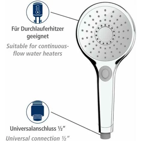 WENKO Pommeau De Douche Basic, Pommeau De Douche 3 Jets, Pommeau De Douche Universel Avec Embout Standard 1/2", Nettoyage Facile Du Calcaire, Plastique Chromé De Haute Qualité, ø12 Cm, Brillant 6 WENKO Pommeau De Douche Basic, Pommeau De Douche 3 Jets, Pommeau De Douche Universel Avec Embout Standard 1/2", Nettoyage Facile Du Calcaire, Plastique Chromé De Haute Qualité, ø12 Cm, Brillant – Image 4