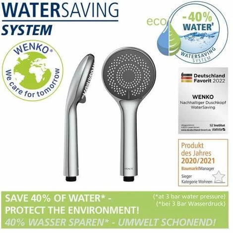 WENKO Pommeau De Douche Watersaving, Pommeau De Douche 3 Jets, Jusqu'à 40% D'économie D'eau Sans Compromis Sur La Pression D'eau, Embout Universel 1/2", Plastique ABS, ø9,6 Cm, Chromé - Gris 4 WENKO Pommeau De Douche Watersaving, Pommeau De Douche 3 Jets, Jusqu'à 40% D'économie D'eau Sans Compromis Sur La Pression D'eau, Embout Universel 1/2", Plastique ABS, ø9,6 Cm, Chromé - Gris – Image 2