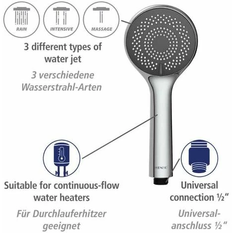 WENKO Pommeau De Douche Watersaving, Pommeau De Douche 3 Jets, Jusqu'à 40% D'économie D'eau Sans Compromis Sur La Pression D'eau, Embout Universel 1/2", Plastique ABS, ø9,6 Cm, Chromé - Gris 6 WENKO Pommeau De Douche Watersaving, Pommeau De Douche 3 Jets, Jusqu'à 40% D'économie D'eau Sans Compromis Sur La Pression D'eau, Embout Universel 1/2", Plastique ABS, ø9,6 Cm, Chromé - Gris – Image 4