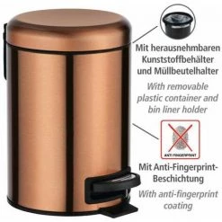 WENKO Poubelle à Pédale Leman, Mini Poubelle Salle De Bain, Capacité 3L, Acier Inox, 17x25x22,5 Cm, Cuivre Métallique 8 WENKO Poubelle à Pédale Leman, Mini Poubelle Salle De Bain, Capacité 3L, Acier Inox, 17x25x22,5 Cm, Cuivre Métallique -WENKO Soldes 18939346 2
