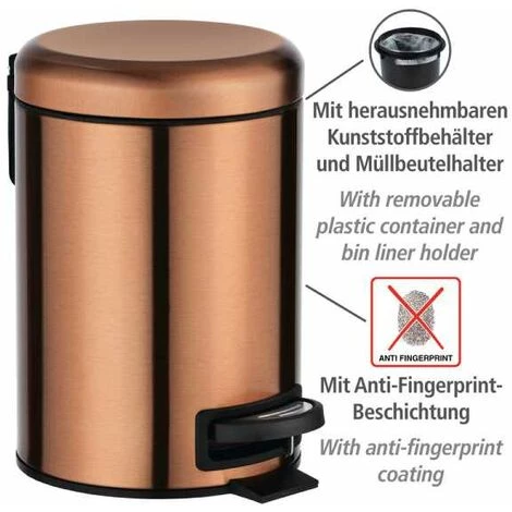 WENKO Poubelle à Pédale Leman, Mini Poubelle Salle De Bain, Capacité 3L, Acier Inox, 17x25x22,5 Cm, Cuivre Métallique 4 WENKO Poubelle à Pédale Leman, Mini Poubelle Salle De Bain, Capacité 3L, Acier Inox, 17x25x22,5 Cm, Cuivre Métallique – Image 2