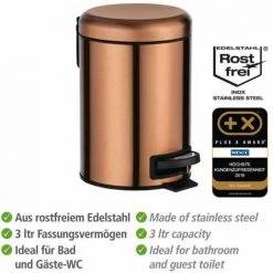 WENKO Poubelle à Pédale Leman, Mini Poubelle Salle De Bain, Capacité 3L, Acier Inox, 17x25x22,5 Cm, Cuivre Métallique 9 WENKO Poubelle à Pédale Leman, Mini Poubelle Salle De Bain, Capacité 3L, Acier Inox, 17x25x22,5 Cm, Cuivre Métallique -WENKO Soldes 18939346 3
