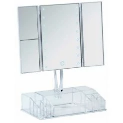 WENKO Coiffeuse Miroir Lumineux Tactile à LED Fanano, Surface De Miroir 100 % Et Grossissement De 2x Ou 3x, Avec Espace De Rangement, Plastique - Verre, 34,5 X 39 X 16,5 Cm, Transparent