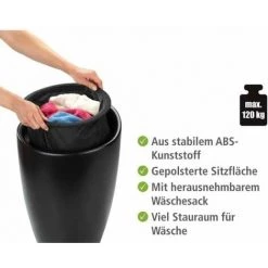 WENKO Tabouret Panier à Linge Salle De Bain 2en1 Candy, Panier à Linge Et Tabouret Salle De Bain, Capacité 20L, Plastique Sans BPA, Ø 36x50,5 Cm, Noir Mat -WENKO Soldes 18939842 3