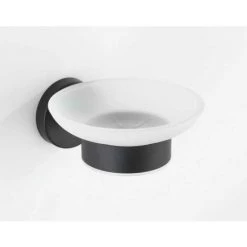 WENKO Porte Savon Mural Bosio Black, Porte Savon Rond à Fixer Au Mur, Acier Inox - Verre Satiné, 11x5,5x13 Cm, Noir Mat -WENKO Soldes 18939879 2
