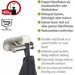 WENKO Crochet Porte Serviette Duo Orea, Crochet Porte Manteau Fixation Sans Perçage Turbo-Loc®, Acier Inox, 10x4,5x6,5 Cm, Mat -WENKO Soldes 18940046 3
