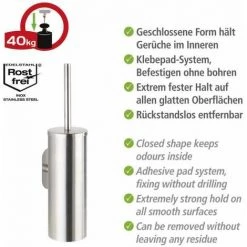 WENKO Brosse WC Suspendue Orea, Brosse WC Murale Fixation Sans Perçage Turbo-Loc®, Acier Inox, 9x39x12,5 Cm, Mat -WENKO Soldes 18940051 3