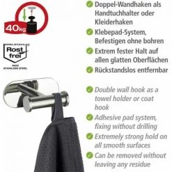 WENKO Crochet Porte Serviette Duo Orea, Crochet Porte Manteau Fixation Sans Perçage Turbo-Loc®, Acier Inox, 10x4,5x6,5 Cm, Brillant -WENKO Soldes 18940084 3