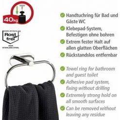 WENKO Porte Serviette Salle De Bain Mural Orea, Anneau Porte-serviette Fixation Sans Perçage Turbo-Loc®, Acier Inox, 20,5x12,5x7,5 Cm, Brillant -WENKO Soldes 18940104 3