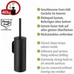 WENKO Brosse WC Suspendue Orea Black, Brosse WC Murale Fixation Sans Perçage Turbo-Loc®, Acier Inox, 9x39x12,5 Cm, Noir Mat -WENKO Soldes 18940124 3