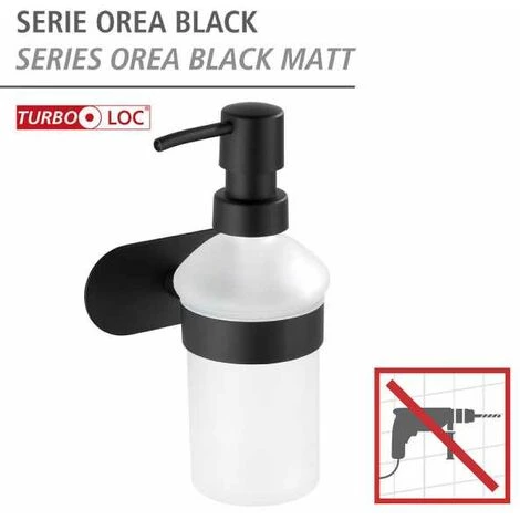 WENKO Distributeur De Savon Liquide Mural Orea Black, Porte Savon Liquide Mural Fixation Sans Perçage Turbo-Loc®, Acier Inoxydable - Verre , 10x16,5x10,5 Cm, Noir Mat 4 WENKO Distributeur De Savon Liquide Mural Orea Black, Porte Savon Liquide Mural Fixation Sans Perçage Turbo-Loc®, Acier Inoxydable - Verre , 10x16,5x10,5 Cm, Noir Mat – Image 2