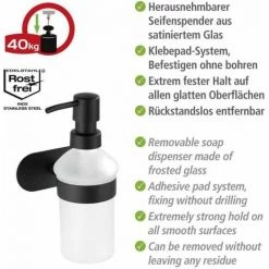 WENKO Distributeur De Savon Liquide Mural Orea Black, Porte Savon Liquide Mural Fixation Sans Perçage Turbo-Loc®, Acier Inoxydable - Verre , 10x16,5x10,5 Cm, Noir Mat 9 WENKO Distributeur De Savon Liquide Mural Orea Black, Porte Savon Liquide Mural Fixation Sans Perçage Turbo-Loc®, Acier Inoxydable - Verre , 10x16,5x10,5 Cm, Noir Mat -WENKO Soldes 18940134 3