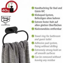 WENKO Porte Serviette Salle De Bain Mural Orea Black, Anneau Porte-serviette Fixation Sans Perçage Turbo-Loc®, Acier Inox, 20,5x12,5x7,5 Cm, Noir Mat -WENKO Soldes 18940136 3