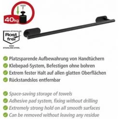 WENKO Porte Serviette Salle De Bain Mural Uno Orea Black, Barre Porte Serviette Fixation Sans Perçage Turbo-Loc®, Acier Inox, 60x4,5x7 Cm, Noir Mat -WENKO Soldes 18940140 3
