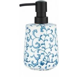 WENKO Distributeur Savon Liquide Mirabello, Capacité 400 Ml, Céramique Avec Ornement Peint à La Main, Ø 8,5 X 15 Cm, Blanc - Bleu