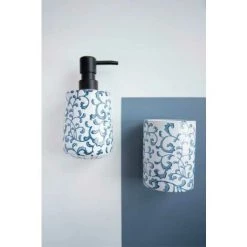 WENKO Distributeur Savon Liquide Mirabello, Capacité 400 Ml, Céramique Avec Ornement Peint à La Main, Ø 8,5 X 15 Cm, Blanc - Bleu -WENKO Soldes 18940205 3