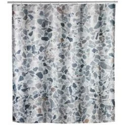 WENKO Rideau De Douche Original Terrazzo, Rideau De Douche 180x200 Cm, Lavable En Machine Et Waterproof, 12 Anneaux Rideau De Douche En Plastique Blanc Inclus, 100% Polyester, 180x200 Cm, Gris