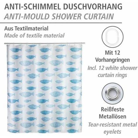 WENKO Rideau De Douche Antimoisissure Aquamarin, Rideau De Douche Original, Lavable En Machine Et Waterproof, 12 Anneaux Rideau De Douche En Plastique Blanc Inclus, Polyester, 180x200 Cm, Bleu - Blanc 4 WENKO Rideau De Douche Antimoisissure Aquamarin, Rideau De Douche Original, Lavable En Machine Et Waterproof, 12 Anneaux Rideau De Douche En Plastique Blanc Inclus, Polyester, 180x200 Cm, Bleu - Blanc – Image 2