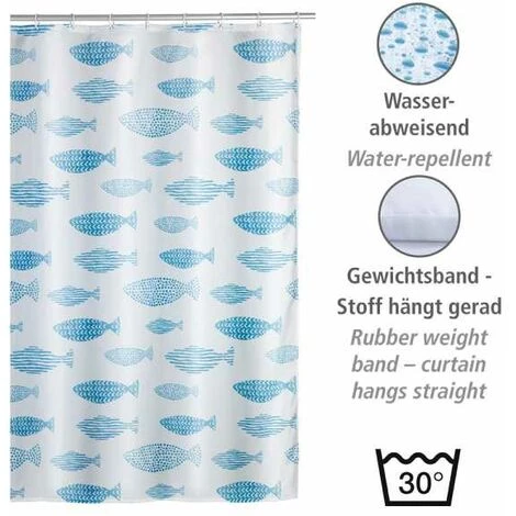 WENKO Rideau De Douche Antimoisissure Aquamarin, Rideau De Douche Original, Lavable En Machine Et Waterproof, 12 Anneaux Rideau De Douche En Plastique Blanc Inclus, Polyester, 180x200 Cm, Bleu - Blanc 5 WENKO Rideau De Douche Antimoisissure Aquamarin, Rideau De Douche Original, Lavable En Machine Et Waterproof, 12 Anneaux Rideau De Douche En Plastique Blanc Inclus, Polyester, 180x200 Cm, Bleu - Blanc – Image 3