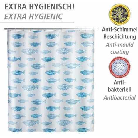WENKO Rideau De Douche Antimoisissure Aquamarin, Rideau De Douche Original, Lavable En Machine Et Waterproof, 12 Anneaux Rideau De Douche En Plastique Blanc Inclus, Polyester, 180x200 Cm, Bleu - Blanc 6 WENKO Rideau De Douche Antimoisissure Aquamarin, Rideau De Douche Original, Lavable En Machine Et Waterproof, 12 Anneaux Rideau De Douche En Plastique Blanc Inclus, Polyester, 180x200 Cm, Bleu - Blanc – Image 4