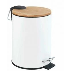 WENKO Petite Poubelle Salle De Bain Tortona, Poubelle Salle De Bain à Pédale Avec Frein De Chute "easy Close", Capacité 3L, Acier - Bambou, 7x23,5x21 Cm, Blanc - Marron