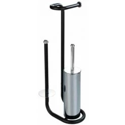 WENKO Serviteur WC 3en1 Universalo, Distributeur Papier Toilette, Brosse WC Et Range Papier Toilette, Acier, 20x62,5x23 Cm, Noir