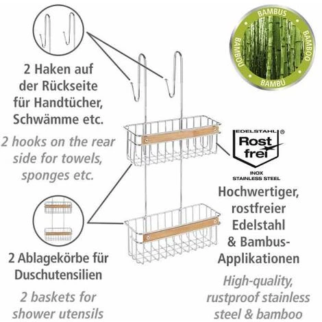 WENKO Étagère De Douche à Suspendre Zerbo, 2 Paniers De Douche Pour Les Accessoires De Salle De Bain, Fixation Sans Perçage, Acier Inoxydable - Bambou, 20x55,5x25,5 Cm, Brillant - Marron 4 WENKO Étagère De Douche à Suspendre Zerbo, 2 Paniers De Douche Pour Les Accessoires De Salle De Bain, Fixation Sans Perçage, Acier Inoxydable - Bambou, 20x55,5x25,5 Cm, Brillant - Marron – Image 2