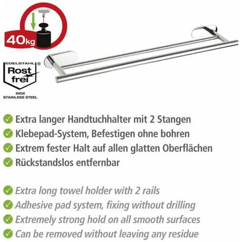 WENKO Porte Serviette Salle De Bain Mural Duo Orea, 2 Barres Porte Serviette Fixation Murale Sans Perçage Turbo-Loc®, Adhésif Extra Fort, Charge Jusqu'à 40kg, Acier Inox, 60x4,5x12 Cm, Brillant 5 WENKO Porte Serviette Salle De Bain Mural Duo Orea, 2 Barres Porte Serviette Fixation Murale Sans Perçage Turbo-Loc®, Adhésif Extra Fort, Charge Jusqu'à 40kg, Acier Inox, 60x4,5x12 Cm, Brillant – Image 3
