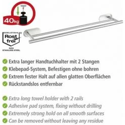 WENKO Porte Serviette Salle De Bain Mural Duo Orea, 2 Barres Porte Serviette Fixation Sans Perçage Turbo-Loc®, Adhésif Extra Fort, Charge Jusqu'à 40kg, Acier Inox, 60x4,5x12 Cm, Mat 9 WENKO Porte Serviette Salle De Bain Mural Duo Orea, 2 Barres Porte Serviette Fixation Sans Perçage Turbo-Loc®, Adhésif Extra Fort, Charge Jusqu'à 40kg, Acier Inox, 60x4,5x12 Cm, Mat -WENKO Soldes 18940585 3