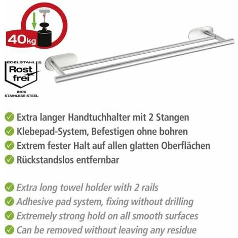 WENKO Porte Serviette Salle De Bain Mural Duo Orea, 2 Barres Porte Serviette Fixation Sans Perçage Turbo-Loc®, Adhésif Extra Fort, Charge Jusqu'à 40kg, Acier Inox, 60x4,5x12 Cm, Mat 5 WENKO Porte Serviette Salle De Bain Mural Duo Orea, 2 Barres Porte Serviette Fixation Sans Perçage Turbo-Loc®, Adhésif Extra Fort, Charge Jusqu'à 40kg, Acier Inox, 60x4,5x12 Cm, Mat – Image 3
