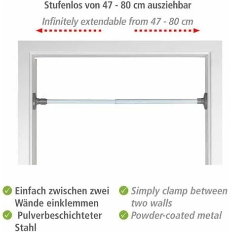 WENKO Barre Penderie Extensible Herkules, Barre Penderie Sans Perçage, Tringle à Vêtements Télescopique, Fixation Par Torsion à Fixer Entre Deux Murs Ou Dans Un Placard, Métal, 8x47-80x4,5 Cm, Blanc 4 WENKO Barre Penderie Extensible Herkules, Barre Penderie Sans Perçage, Tringle à Vêtements Télescopique, Fixation Par Torsion à Fixer Entre Deux Murs Ou Dans Un Placard, Métal, 8x47-80x4,5 Cm, Blanc – Image 2