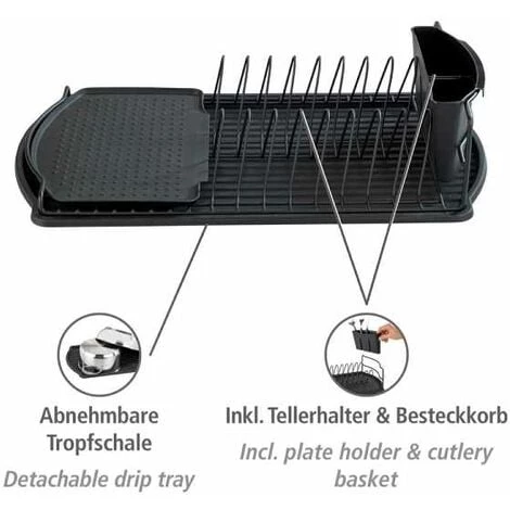 WENKO Égouttoir Vaisselle Noir Basic, Egouttoir Vaisselle Cuisine, Egouttoir Evier Avec Bac Amovible, Métal - Plastique, 47,5x11x26,5 Cm, Noir 4 WENKO Égouttoir Vaisselle Noir Basic, Egouttoir Vaisselle Cuisine, Egouttoir Evier Avec Bac Amovible, Métal - Plastique, 47,5x11x26,5 Cm, Noir – Image 2