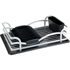 WENKO Egouttoir Vaisselle Inox, Egouttoir Vaisselle Cuisine Avec Plateau Amovible, Aluminium Inox - Plastique, 46,5x13x31,5 Cm, Argent Mat - Noir