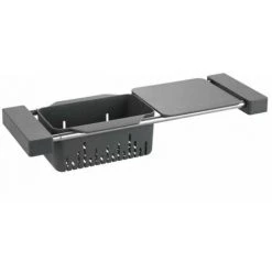 WENKO Organiseur évier 3en1 : Panier De Rangement, Passoire Et Planche à Découper Extensible, Cami, Acier Inox - Plastique, 43,5-77,5x8x14 Cm, Gris Mat