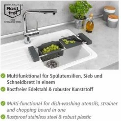 WENKO Organiseur évier 3en1 : Panier De Rangement, Passoire Et Planche à Découper Extensible, Cami, Acier Inox - Plastique, 43,5-77,5x8x14 Cm, Gris Mat -WENKO Soldes 18940765 3