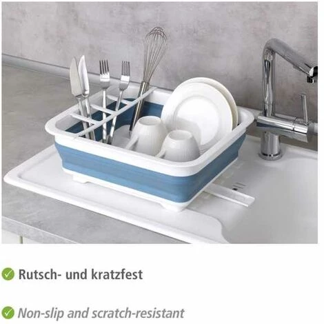WENKO Egouttoir Vaisselle Pliable Gaia, égouttoir à Vaisselle Plastique, Porte-couverts Et Support Assiettes, Plastique, 36,5x13x31 Cm, Blanc - Bleu 5 WENKO Egouttoir Vaisselle Pliable Gaia, égouttoir à Vaisselle Plastique, Porte-couverts Et Support Assiettes, Plastique, 36,5x13x31 Cm, Blanc - Bleu – Image 3