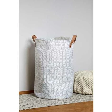 WENKO Panier à Linge Geo, Panier à Linge Sale Souple Avec Poignée De Transport En Similicuir, Capacité 75 L, Polyester, ø40x60 Cm, Blanc - Marron 5 WENKO Panier à Linge Geo, Panier à Linge Sale Souple Avec Poignée De Transport En Similicuir, Capacité 75 L, Polyester, ø40x60 Cm, Blanc - Marron – Image 3